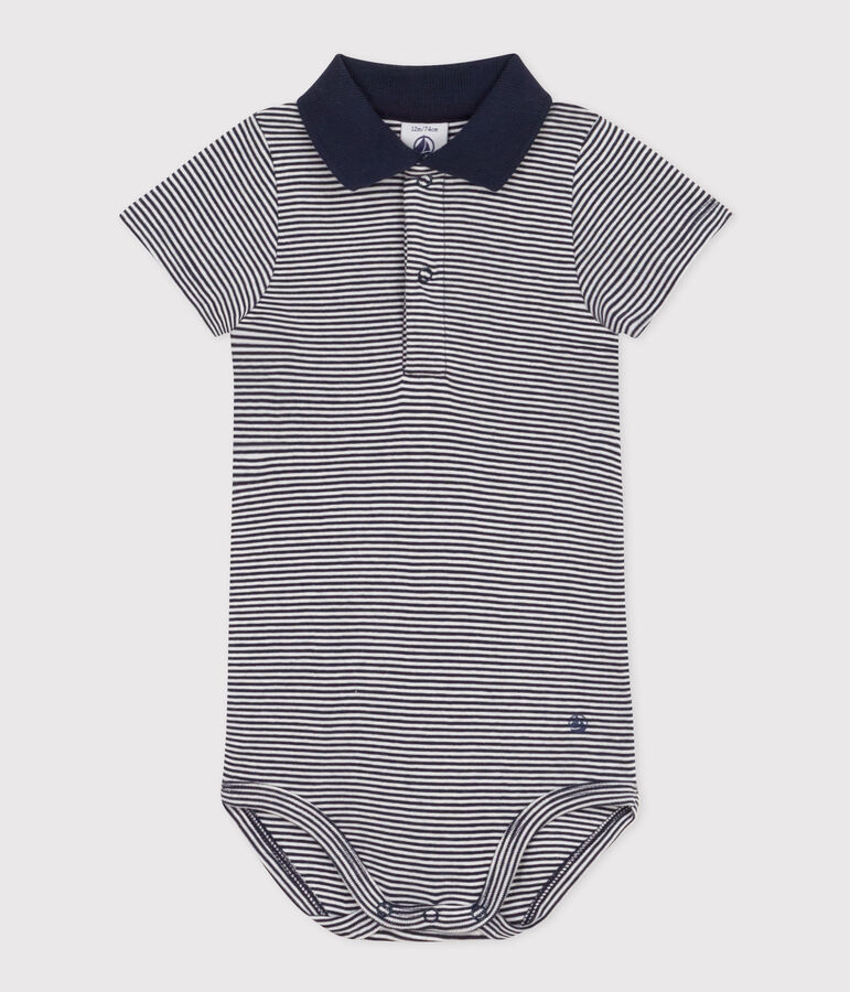 Kurz&auml;rmeliger Baby-Body aus gestreifter Baumwolle mit Polokragen blau SMOKING/weiss MARSHMALLOW