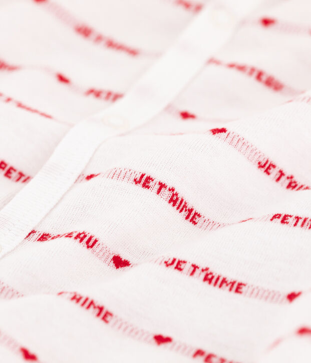 Baby-Kurzoverall von Petit Bateau &ndash; seitlicher Aufdruck &bdquo;Je t&rsquo;aime&ldquo;. weiss/rot