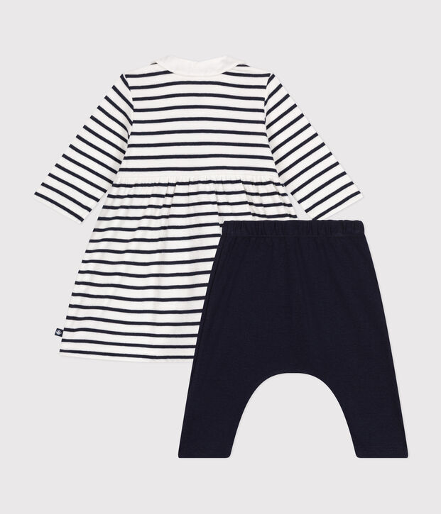 Baby-Kleid und Leggings aus Baumwolle weiss/blau