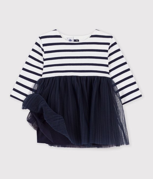 Lang&auml;rmliges Baby-Kleid aus zwei Stoffen mit Streifen weiss/vielfarbig