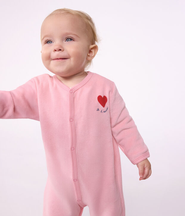 Strampler aus einfarbigem Nicki mit platziertem Motiv rosa