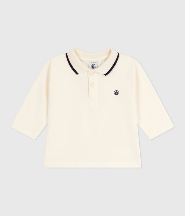 Lang&auml;rmeliges Baby-Poloshirt aus einfarbiger Baumwolle MILK
