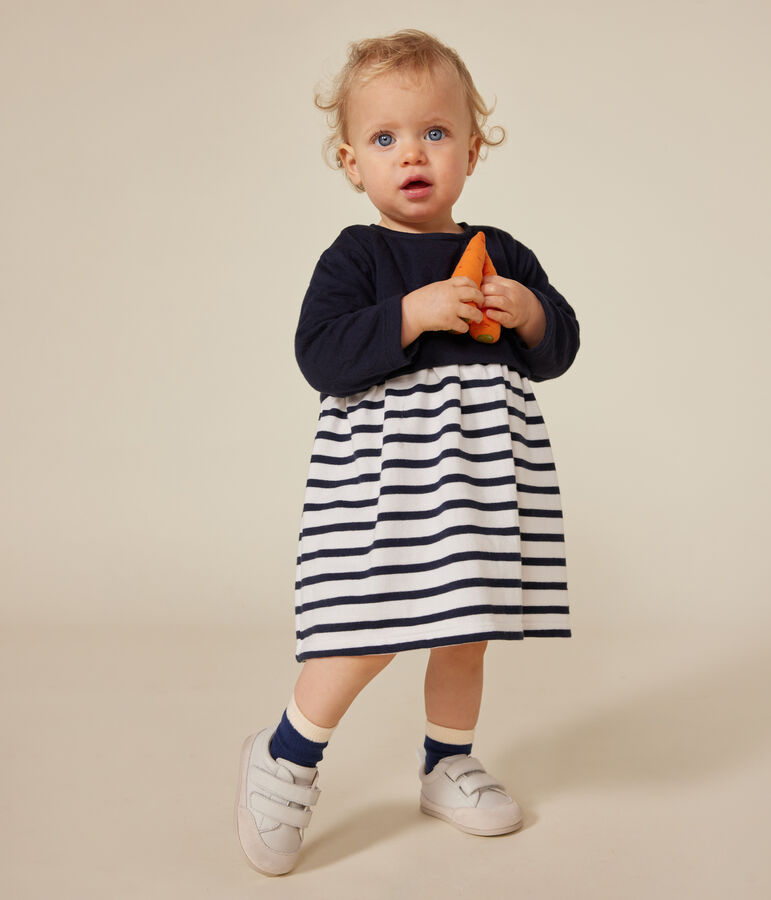 Lang&auml;rmeliges Baby-Kleid aus Doppeljersey blau/weiss