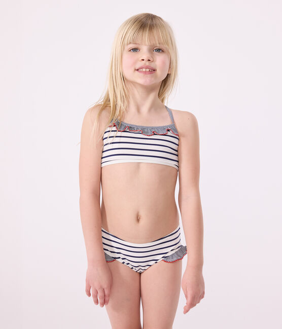 Kinder-Bikini mit Streifen weiss MARSHMALLOW/blau MEDIEVAL