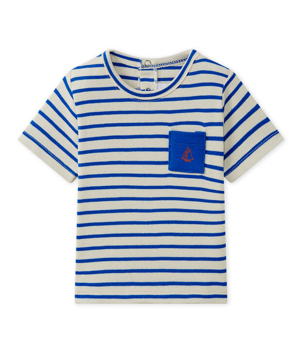 Gestreiftes Baby-Jungen-Kurzarmshirt beige/blau