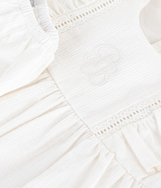 Ärmelloses Baby-Kleid aus einfarbiger Baumwolle mit Stickerei und dazu passendem Bloomer weiss ECUME