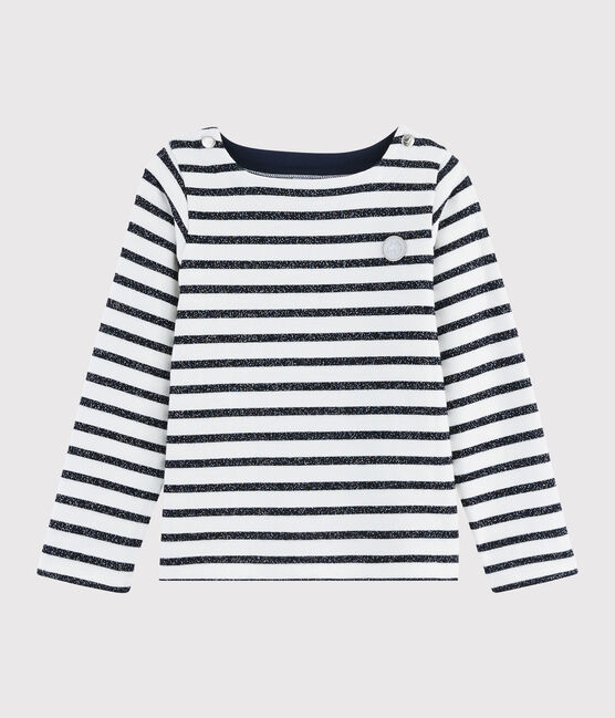 Kindershirt aus Jerseystoff mit Marinestreifen für Mädchen weiss MARSHMALLOW/ SMOKING ARGENT BRILLANT