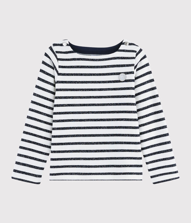Kindershirt aus Jerseystoff mit Marinestreifen f&uuml;r M&auml;dchen weiss/SMOKING ARGENT BRILLANT