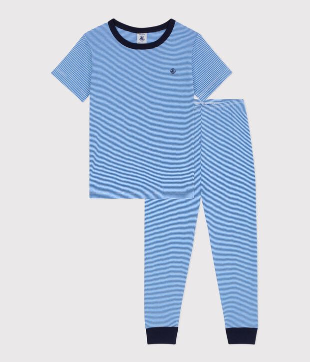 Kurz&auml;rmeliger Kinder-Pyjama mit langer Hose aus gestreifter Baumwolle blau/weiss