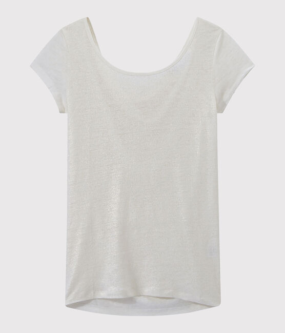 Damen-T-Shirt mit Wasserfall-Ausschnitt aus irisierendem Leinen weiss LAIT/gelb OR