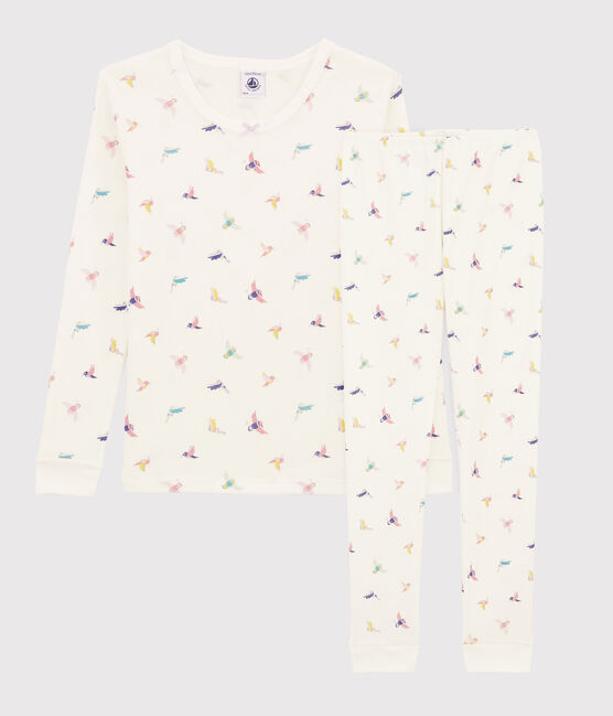 Snugfit-Kinderpyjama aus Rippstrick mit Vogelmotiv für Mädchen weiss MARSHMALLOW/weiss MULTICO