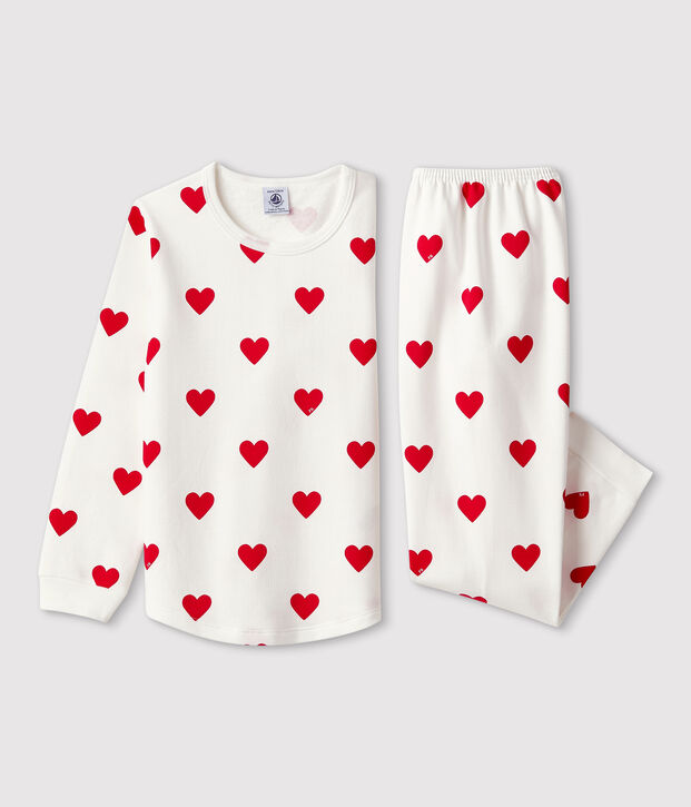Kinderpyjama aus Molton mit Herzmotiv weiss/rot