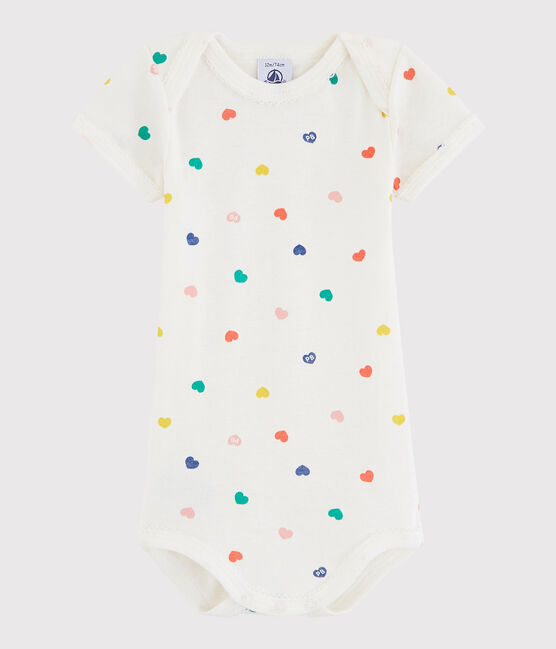 Kurzärmeliger Baby-Body Mädchen weiss MARSHMALLOW/weiss MULTICO