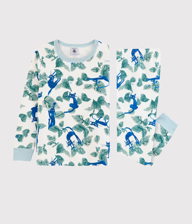 Kinderpyjama aus Doppeljersey mit Katzenmotiv f&uuml;r Jungen weiss/vielfarbig