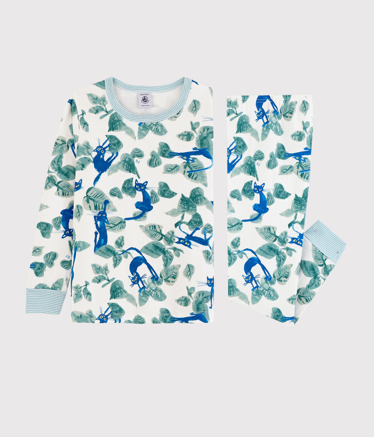 Kinderpyjama aus Doppeljersey mit Katzenmotiv f&uuml;r Jungen weiss MARSHMALLOW/weiss MULTICO