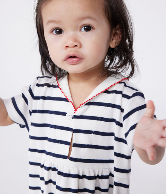 Kurzärmeliges Baby-Kleid aus Baumwolle mit Marinestreifen und Matrosenkragen weiss MARSHMALLOW/blau SMOKING