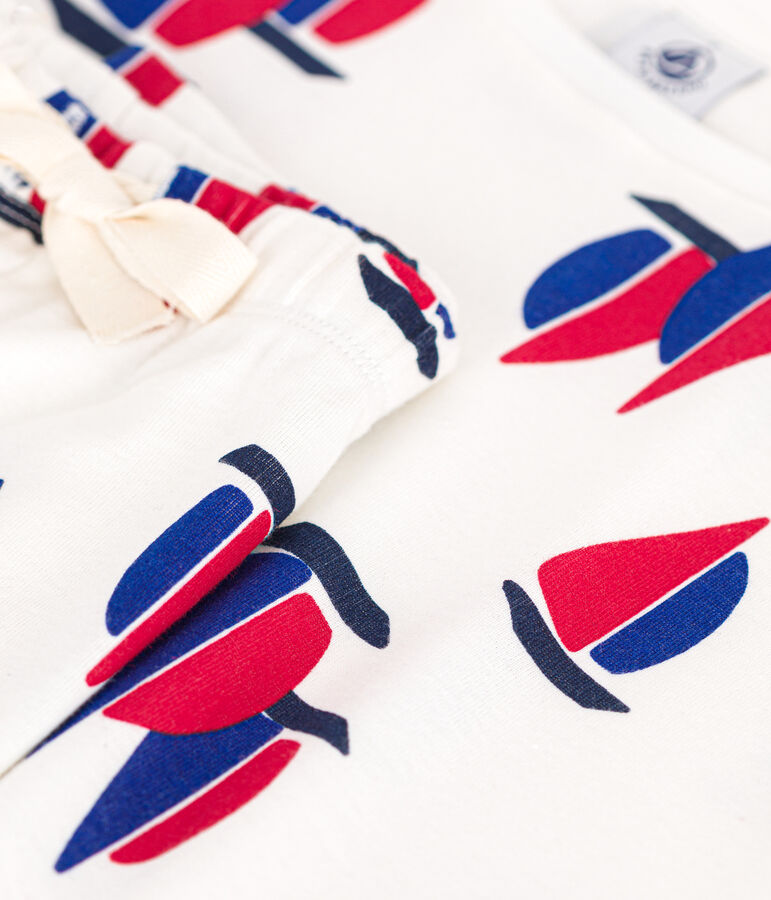 Kurzer Damen-Pyjama, Shorts und T-Shirt aus Baumwolle mit Schiff-Motiv weiss MARSHMALLOW/weiss MULTICO