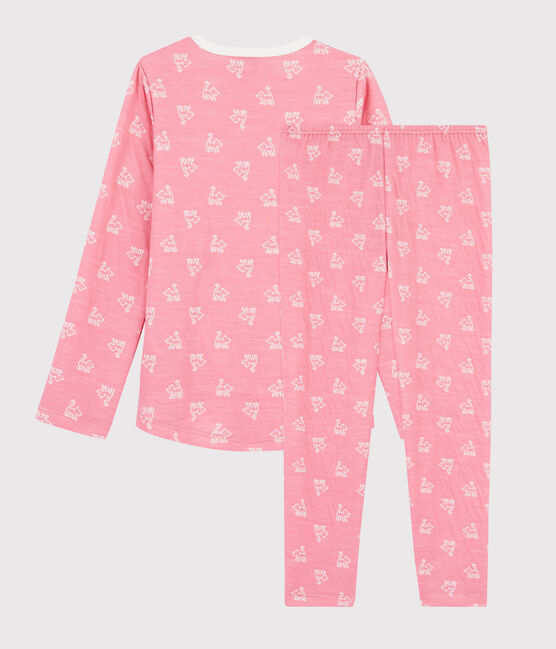 Jacquard-Pyjama aus Wolle/Baumwolle mit Katzenmotiv für Mädchen rosa CHEEK/weiss MARSHMALLOW