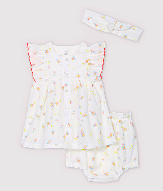 Ärmelloses Baby-Kleid mit Bloomers und Haarband für Mädchen weiss MARSHMALLOW/weiss MULTICO