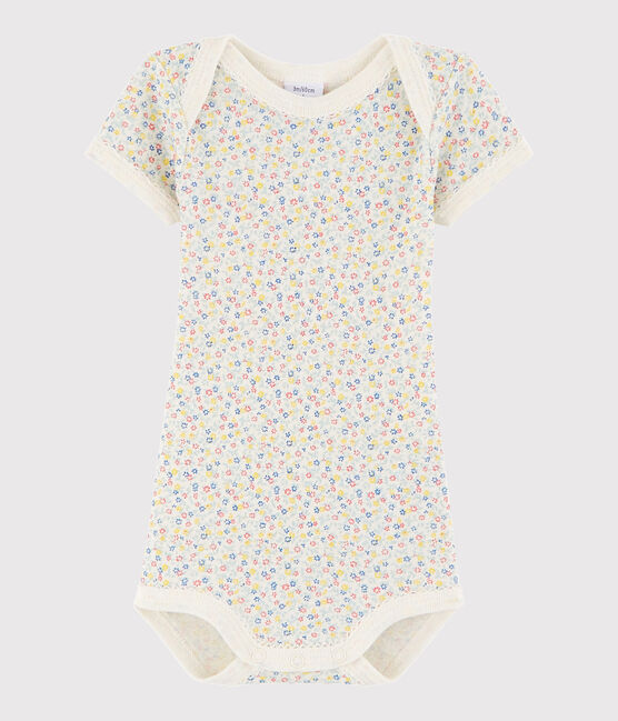 Kurzärmeliger Baby-Body Mädchen weiss MARSHMALLOW/weiss MULTICO