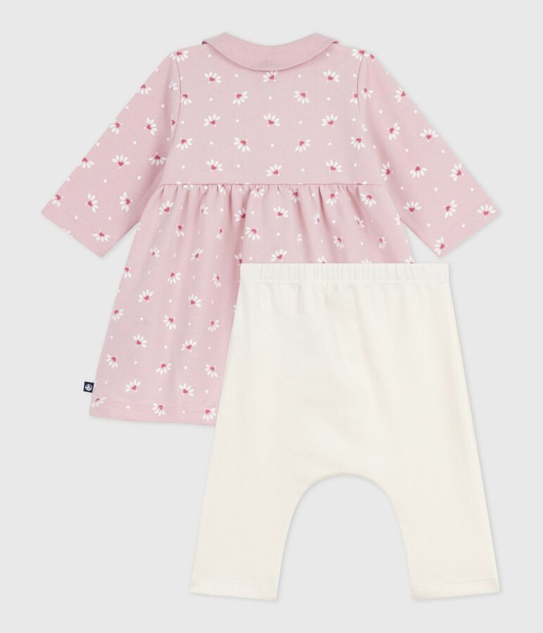 Baby-Kleid mit Kragen Blumen- und Herzmotiv und dazu passende Leggings aus Baumwolle rosa/vielfarbig