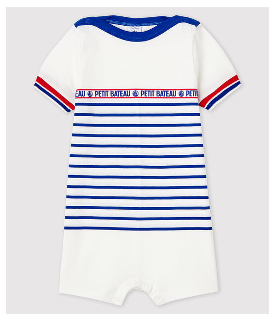 Gestreifter Baby-Kurzoverall aus Jersey für Jungen weiss MARSHMALLOW/blau SURF