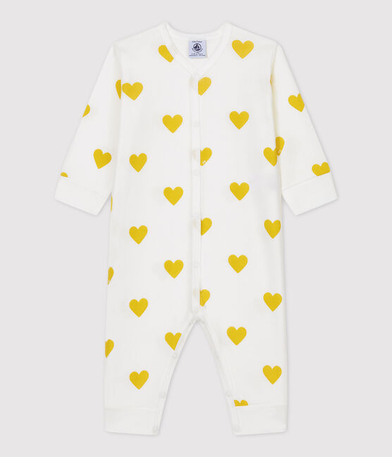 Baby-Strampler ohne Füße aus Bio-Baumwolle mit gelbem Herzmuster weiss MARSHMALLOW/weiss MULTICO