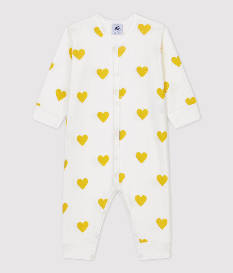 Baby-Strampler ohne F&uuml;&szlig;e aus Bio-Baumwolle mit gelbem Herzmuster weiss/vielfarbig