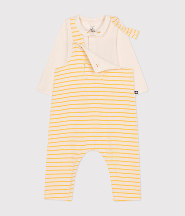 Baby-Set Latzhose und Body aus Baumwolle naturfarben/gelb