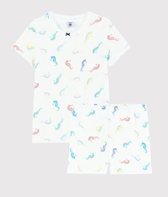 Kinder-Kurzpyjama aus Baumwolle mit Seepferdchenmotiv für Mädchen weiss MARSHMALLOW/weiss MULTICO