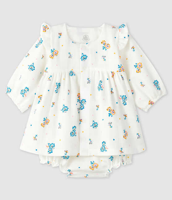 Langärmeliges Blumenkleid mit Unterhose aus Windelstoff für Mädchen weiss MARSHMALLOW/weiss MULTICO