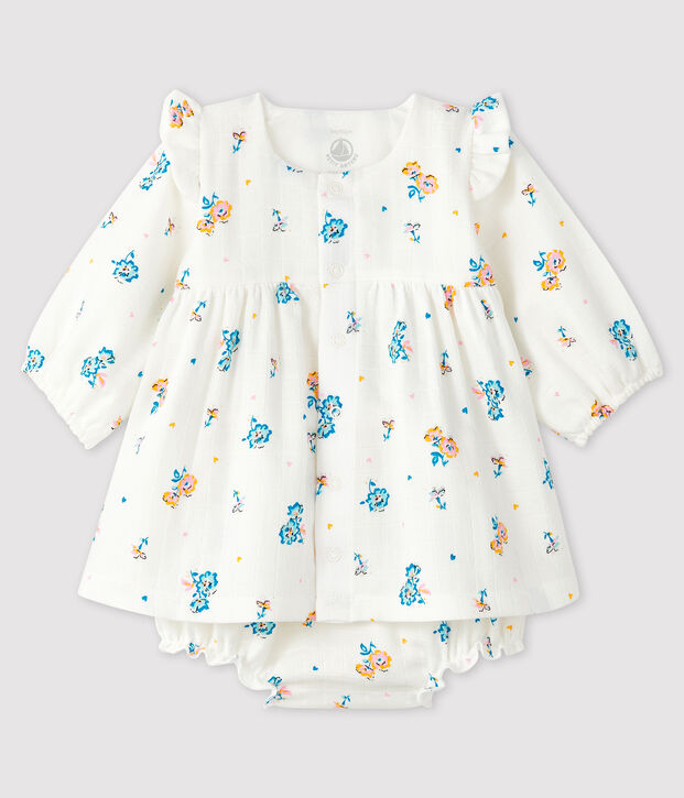 Lang&auml;rmeliges Blumenkleid mit Unterhose aus Windelstoff f&uuml;r M&auml;dchen weiss/vielfarbig