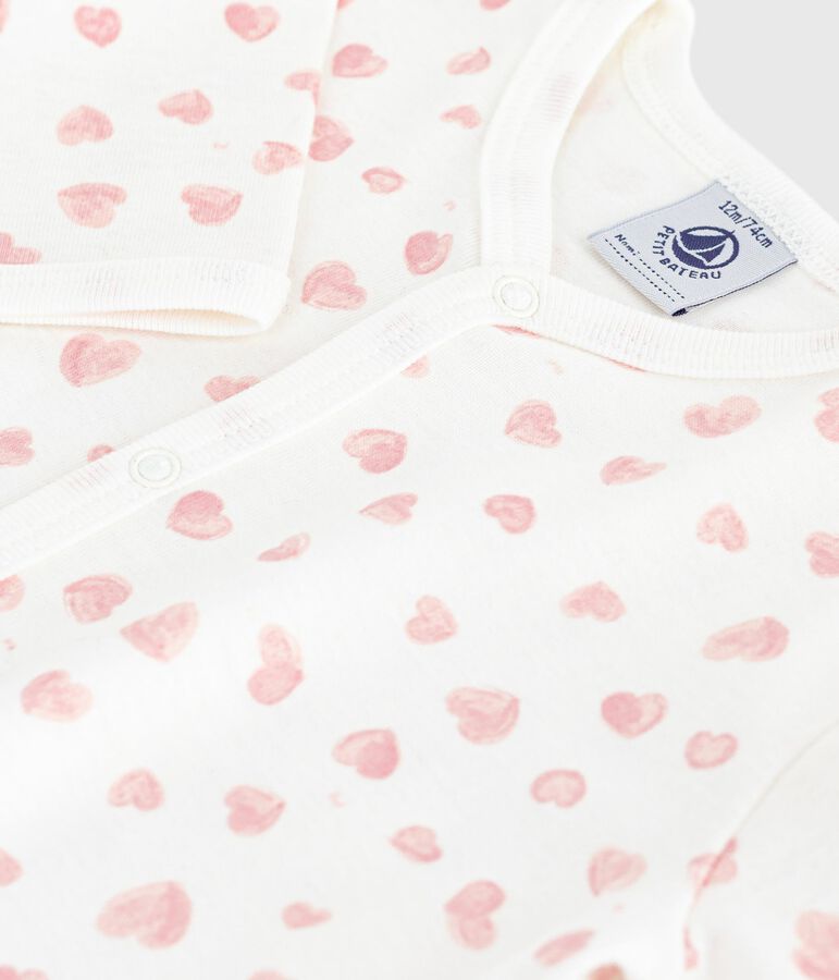 Strampler ohne F&uuml;&szlig;chen aus bedruckter Baumwolle weiss/rosa