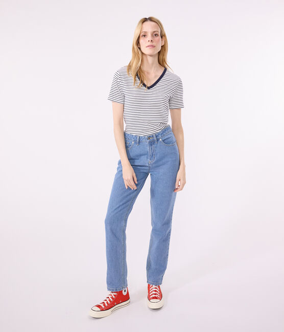 Damen-T-Shirt L'Iconique aus Baumwolle mit V-Ausschnitt, gestreift weiss MARSHMALLOW/blau SMOKING