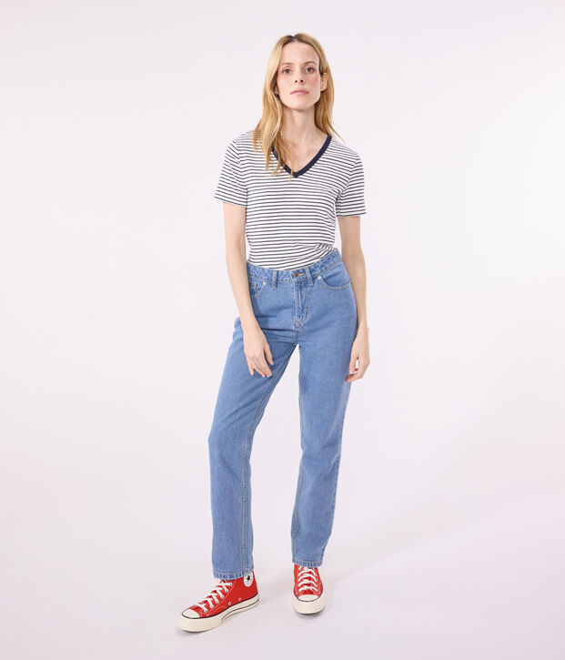 Damen-T-Shirt L'Iconique aus Baumwolle mit V-Ausschnitt, gestreift weiss/blau