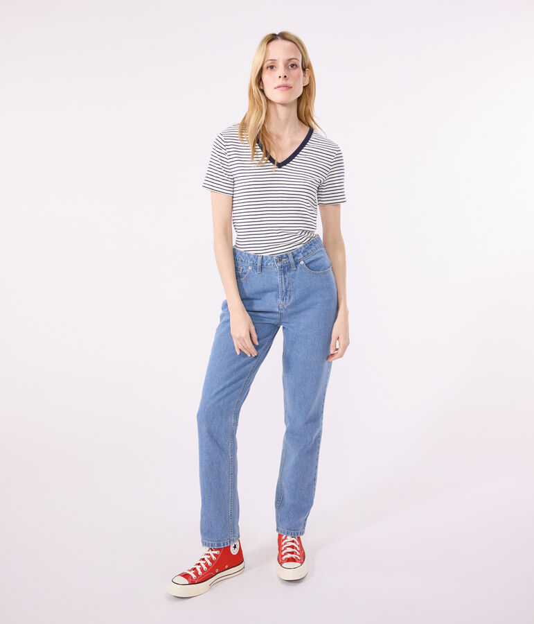 Damen-T-Shirt L'Iconique aus Baumwolle mit V-Ausschnitt, gestreift weiss/blau