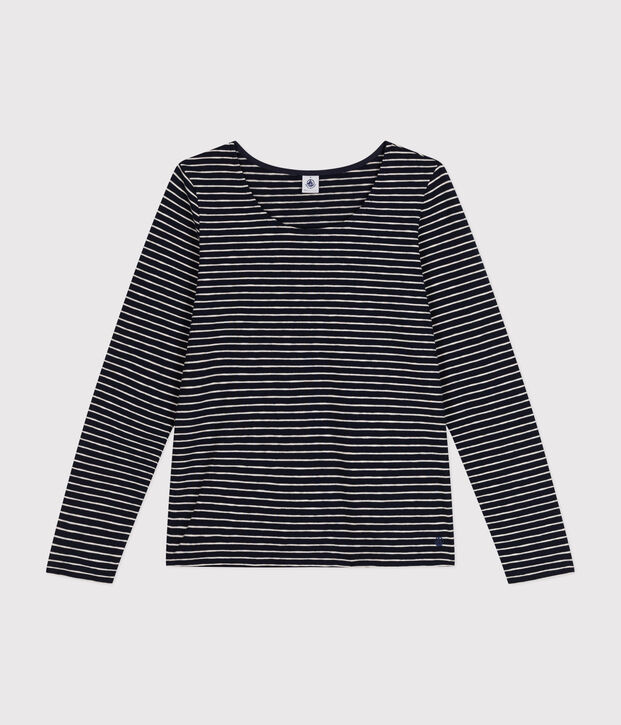 Lang&auml;rmeliges Damen-T-Shirt Le Droit mit weitem Ausschnitt aus geflammten Jersey blau/beige