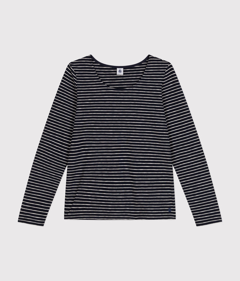 Lang&auml;rmeliges Damen-T-Shirt Le Droit mit weitem Ausschnitt aus geflammten Jersey blau/beige