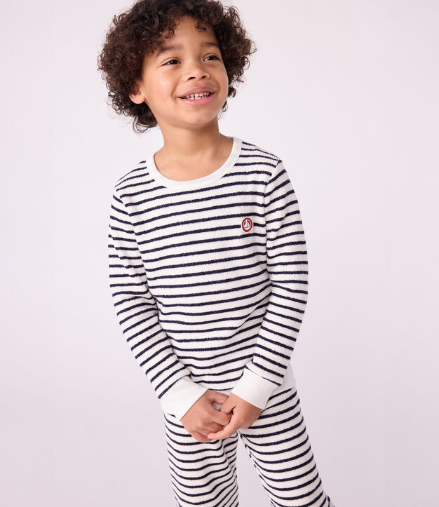Kinder-Pyjama aus Baumwoll-Frottee mit Streifen blau/blau