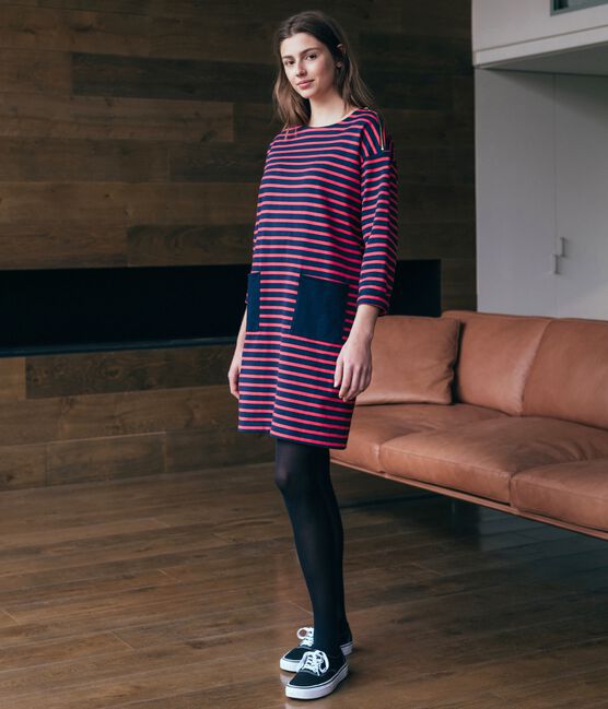 Langärmliges Kleid für Damen blau SMOKING/rot SIGNAL
