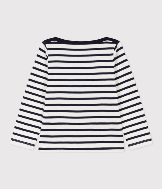 Kinder-Streifenshirt aus dichter Baumwolle für Mädchen, mit Siebdruck weiss MARSHMALLOW/blau SMOKING