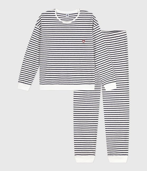 Damen-Pyjama aus Baumwoll-Frottee mit Streifen blau MILK/ SOIR