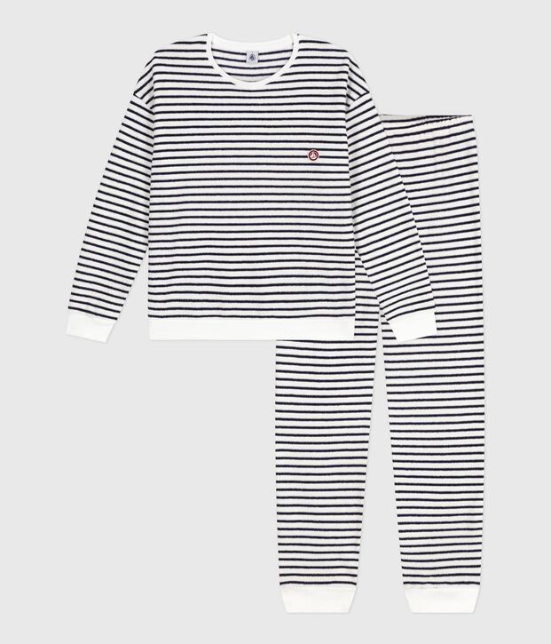 Damen-Pyjama aus Baumwoll-Frottee mit Streifen blau/blau