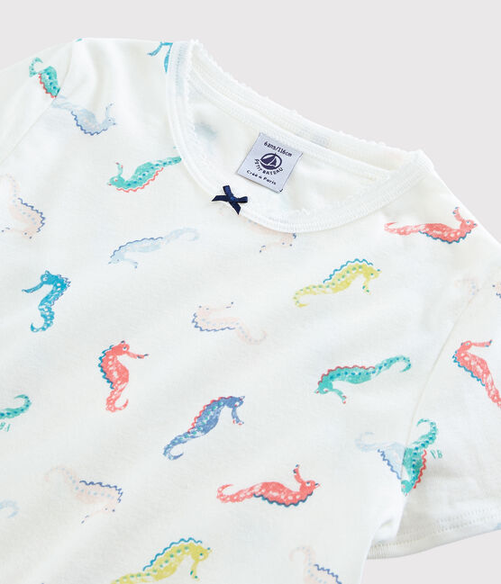 Kinder-Kurzpyjama aus Baumwolle mit Seepferdchenmotiv für Mädchen weiss MARSHMALLOW/weiss MULTICO