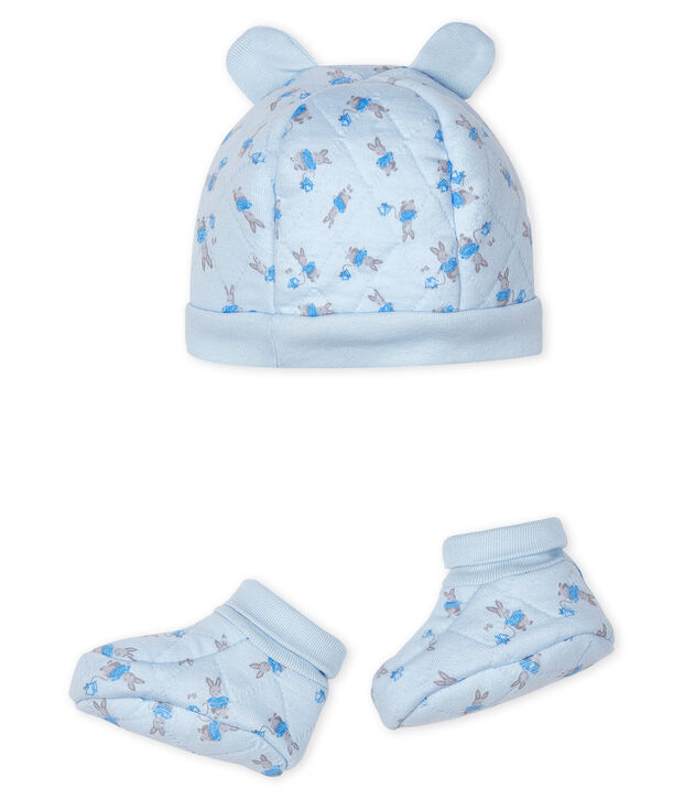 Set mit M&uuml;tzchen f&uuml;r Neugeborene und Babyschuhen aus Doppeljersey blau/vielfarbig