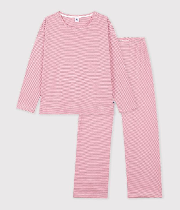 Damen-Pyjama aus Baumwolle mit geraden Beinen und Streifen rosa/weiss