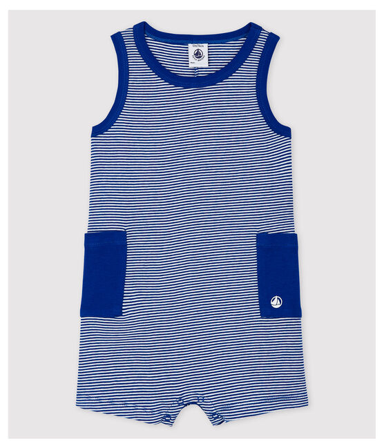 Gestreifter Baby-Kurzoverall aus Rippstrick für Jungen blau SURF/weiss MARSHMALLOW