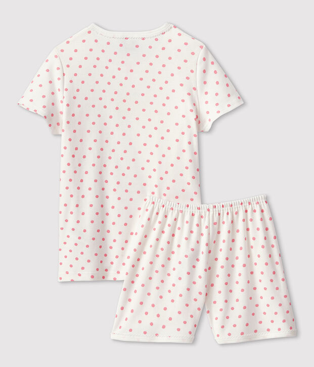 Kinder-Kurzpyjama aus Baumwolle mit rosafarbenem Polka-Dot-Muster f&uuml;r M&auml;dchen weiss/rosa