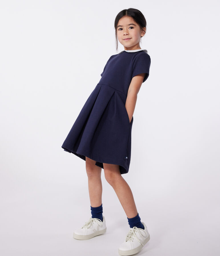 Kurz&auml;rmeliges Kinder-Kleid aus einfarbiger Baumwolle blau