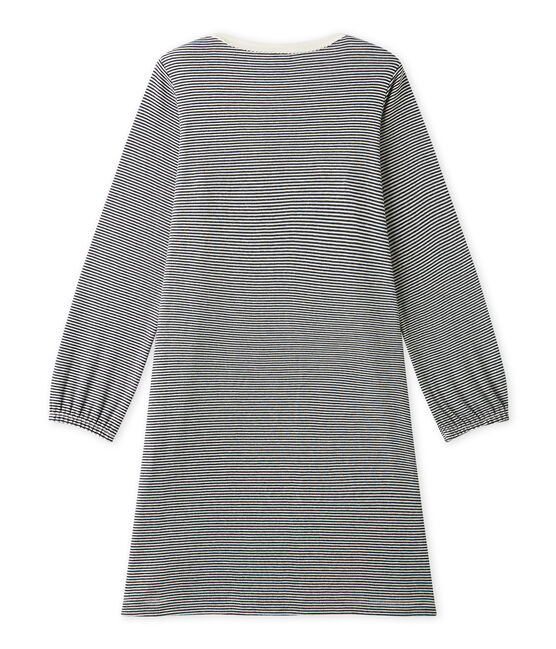 Mädchen-Nachthemd mit Milleraies-Ringelmuster blau SMOKING/beige COQUILLE